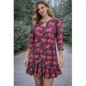 Simply Southern Women's Pink/Gray Elephant 3/4 Sleeve Ruffle Hem Dress ~ Small